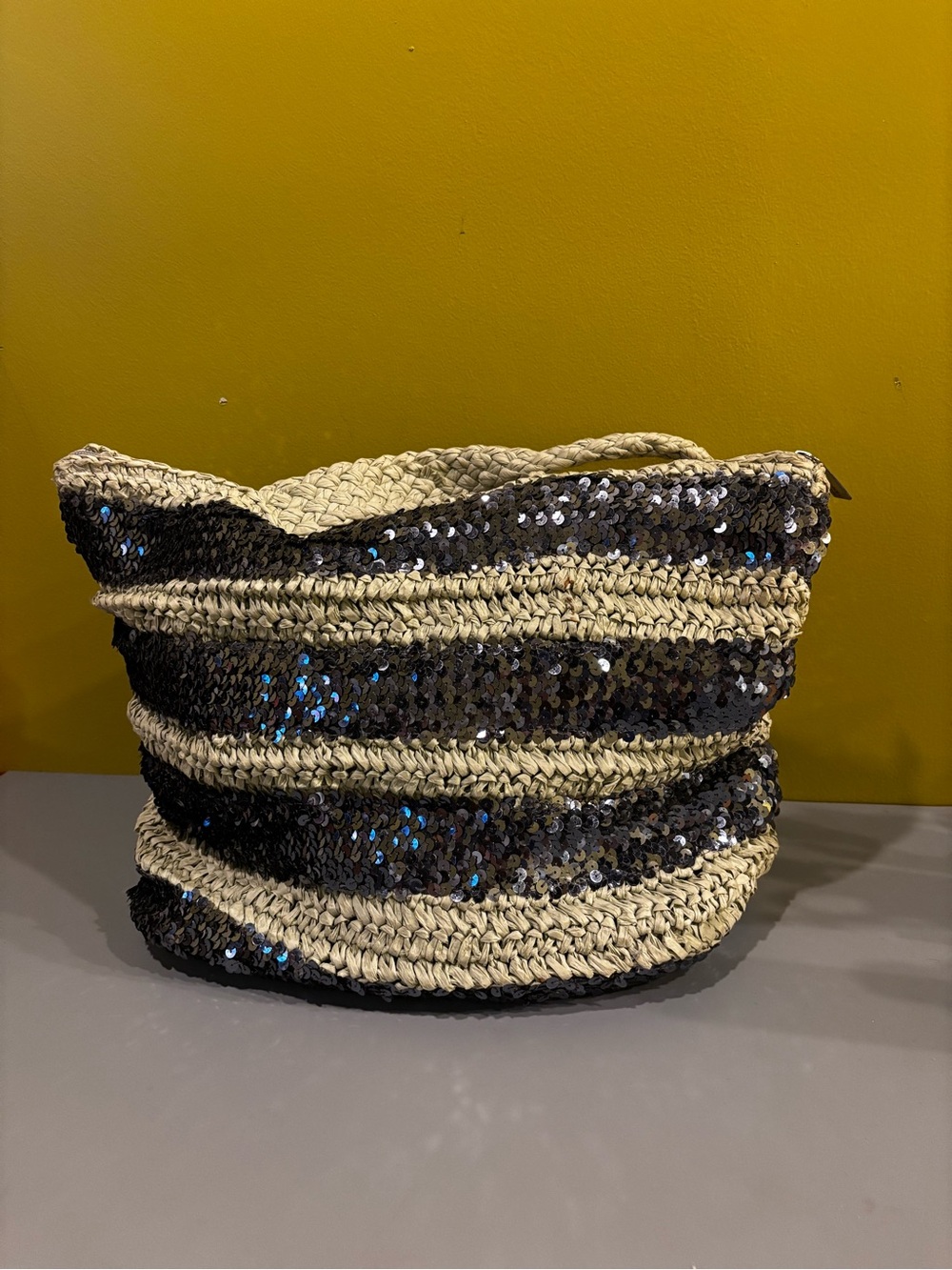 United Colors Of Benetton gray & Natural Sequin Striped Raffia Tote